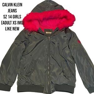 VTG CK Jeans Army Green & Pink Bomber Like Jacket Heavy Coat w/ hood